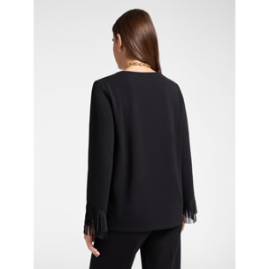 Elena Mirò - T-shirt con frange a fondo manica - Nero