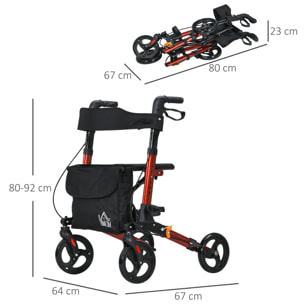 Andador para Ancianos Plegable de Aluminio Andador para Personas Mayores con Asiento y 4 Ruedas Andador con Altura Ajustable Frenos de Maneta y Bolsa de Transporte Rojo y Negro