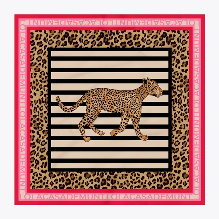 Sciarpa in raso con stampa combinata a righe e leopardo