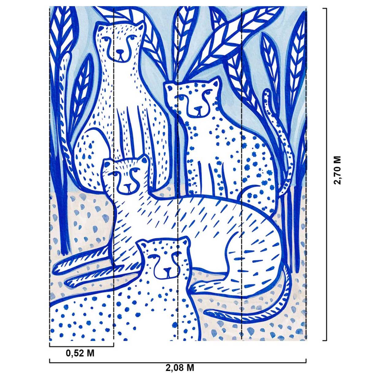 Papier peint léopards stylisés bleu et blanc esprit illustration Intissé