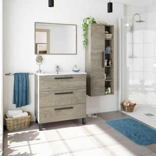 Mobile sottolavabo Palmdale, Mobiletto per bagno, Armadio a 3 cassetti e specchio, lavabo non incluso, cm 80x45h86, Quercia