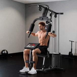 Multiestación Musculación, Máquina de Musculación con Prensa de Pecho, Placas de Peso 65 kg, Curl de Piernas y Brazos, Polea Mariposa, Carga 100 kg para Entrenamiento Casa Gimnasio Negro
