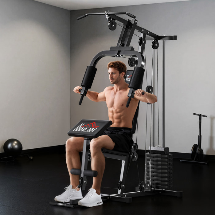 Multiestación Musculación, Máquina de Musculación con Prensa de Pecho, Placas de Peso 65 kg, Curl de Piernas y Brazos, Polea Mariposa, Carga 100 kg para Entrenamiento Casa Gimnasio Negro