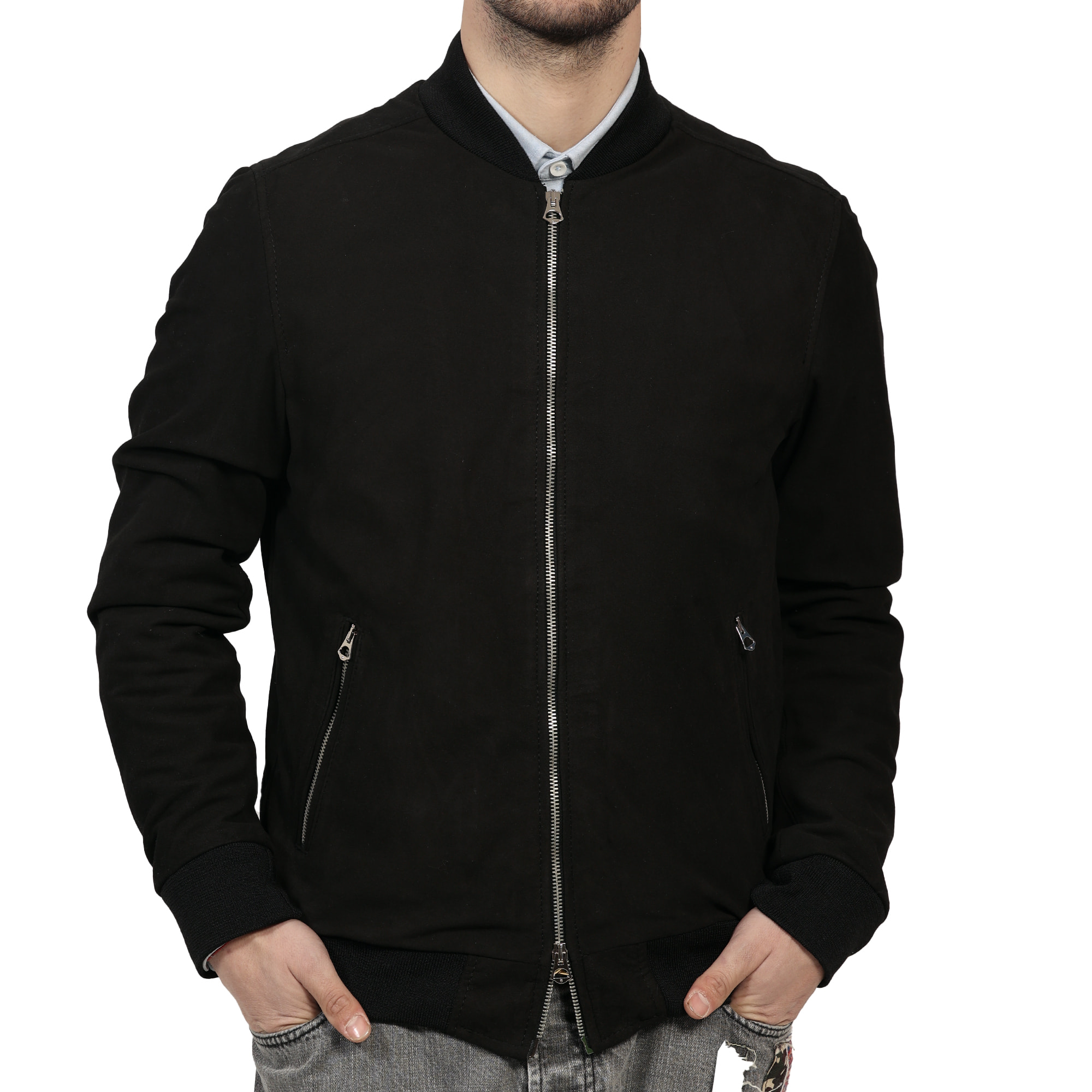 Giubbino in vera pelle di vitello scamosciata Nero-Slim Fit