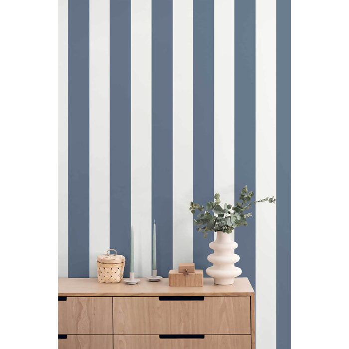Papier peint rayures larges bleu marine blanc