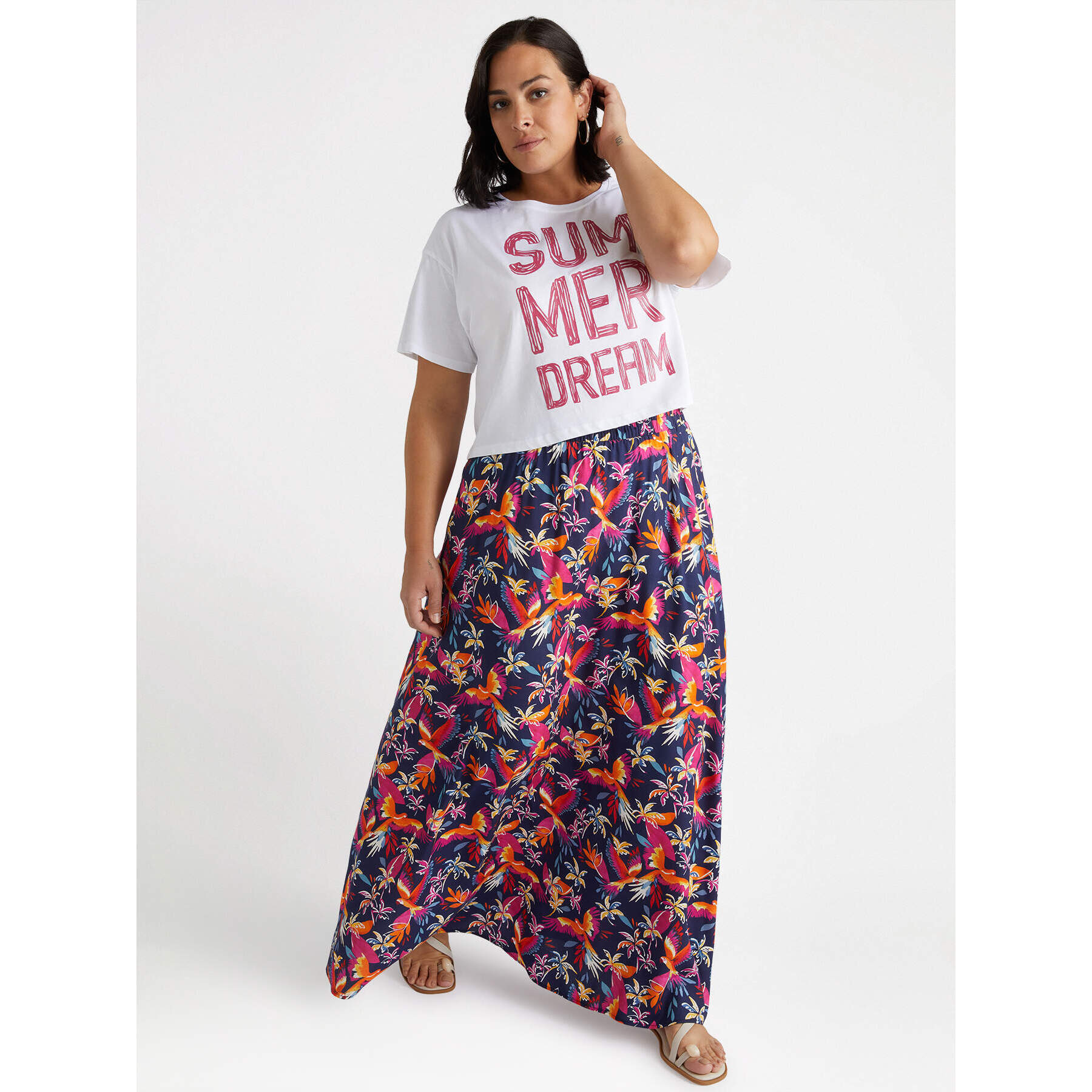 Fiorella Rubino - falda larga con estampado de loros y palmeras - Fuchsia