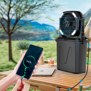 Ventilador F913 con 4 velocidades, 4 modos de spray y luces RGB con diferentes modos, depósito de 9L, temporizador y mando remoto. Incluye power bank 10.000mAh, 6W y viento máx. 5,2 m/s.