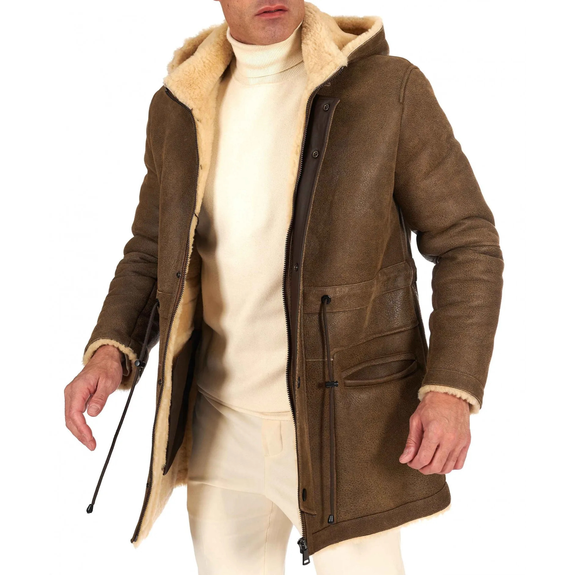 Cappotto Montone Shearling color fango con cappuccio staccabile