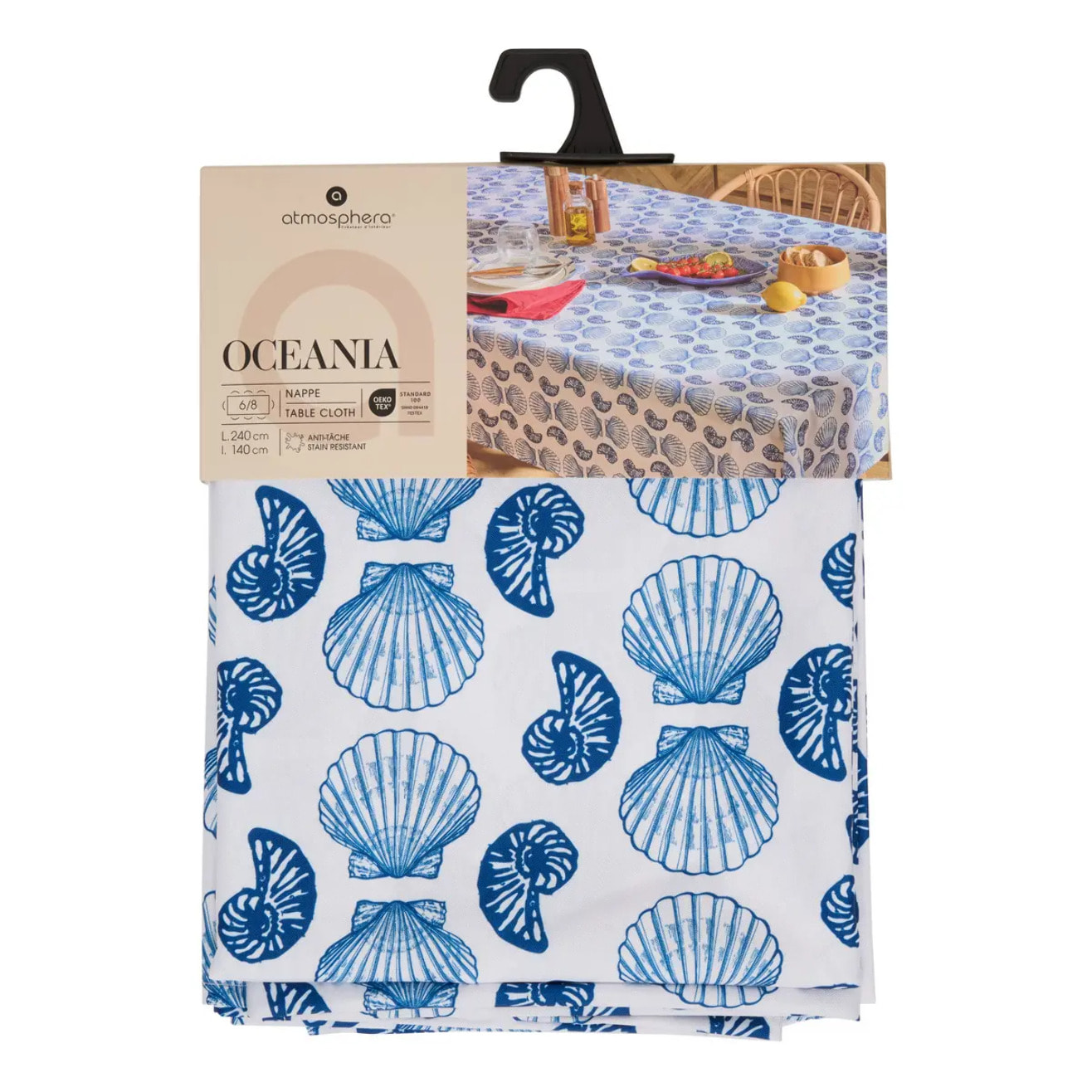 Nappe Oceania 240x140cm bleu navy imprimé coquillages