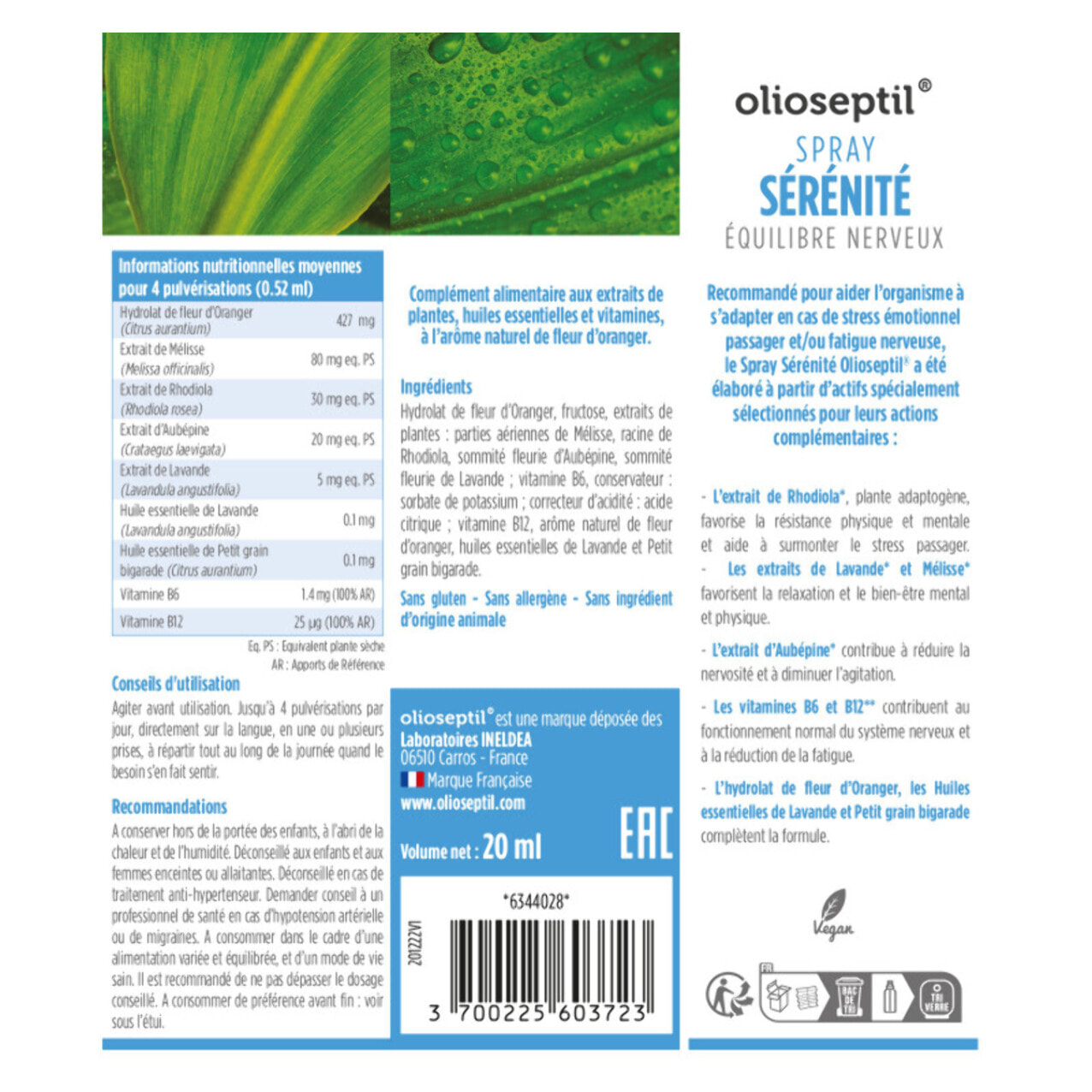 OLIOSEPTIL – Spray Sérénité – Complément alimentaire - Extraits de plantes, huiles essentielles & vitamines – Aide l'organisme à s'adapter à la fatigue nerveuse, stress émotionnel