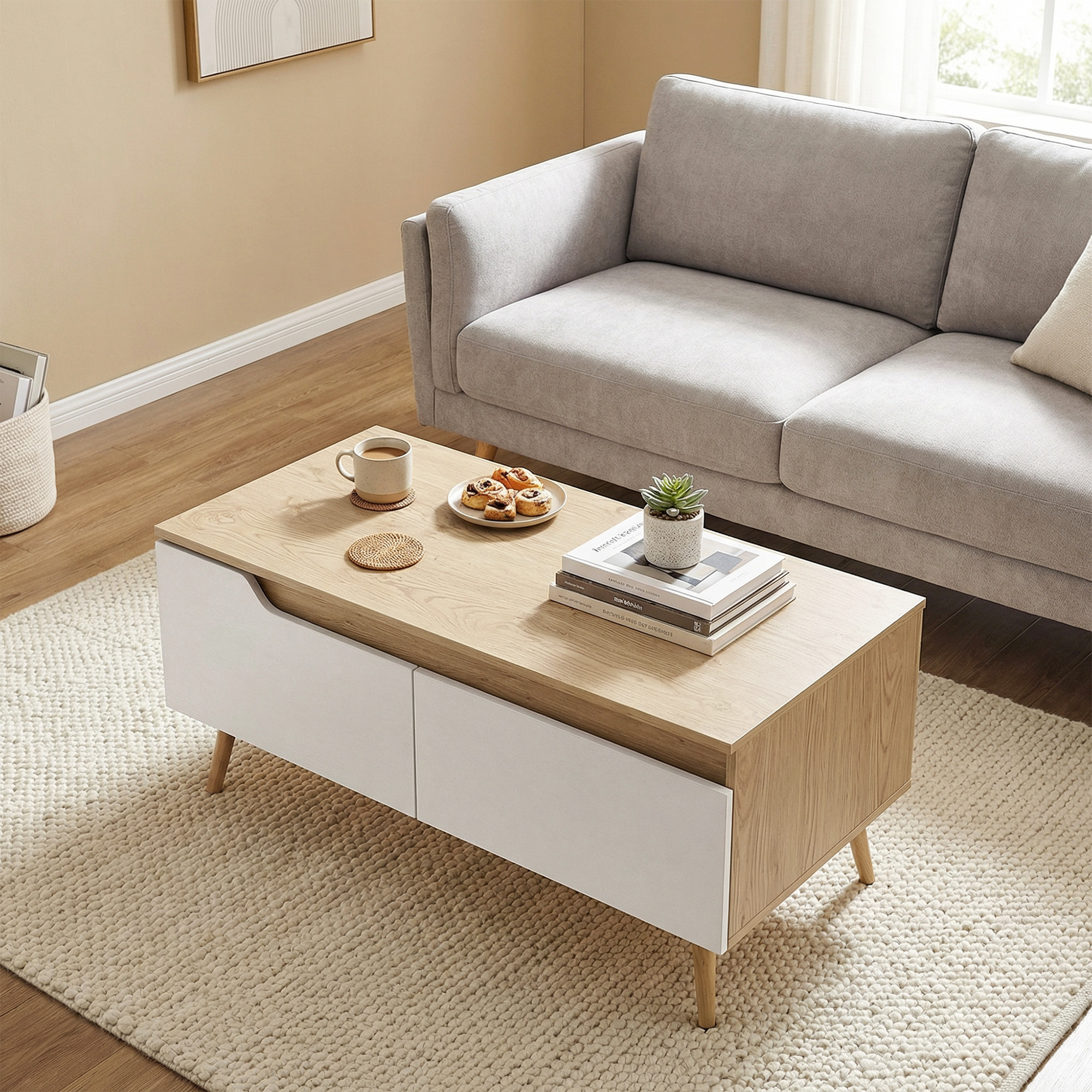 Mesa de Centro, Mesa baja para Salón Moderno con 2 Cajones, Patas de Madera de Pino, para Sala de Estar, Dormitorio, 100x50x46cm, Roble