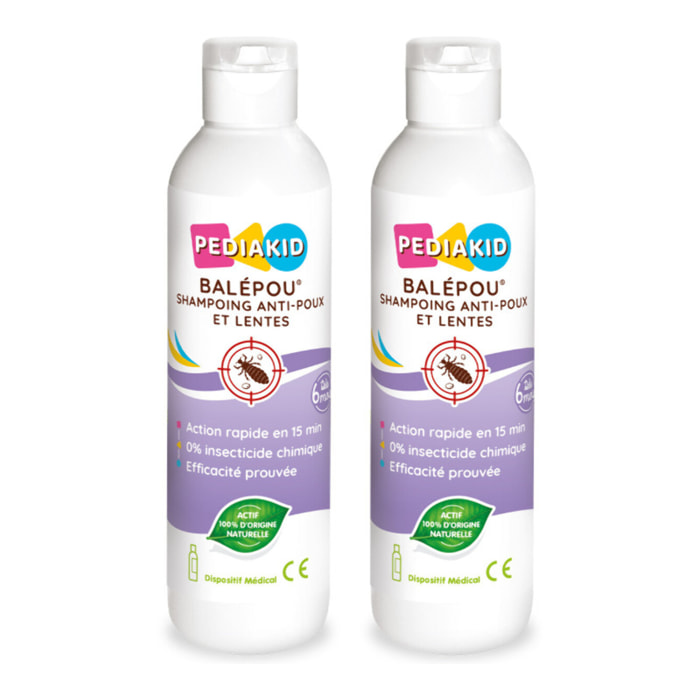PEDIAKID - Balépou® Shampoing - Traitement Anti-Poux et Lentes Naturel - Agit en 15 Minutes - Dès 3 Mois - Dispositif Médical - Lot de 2