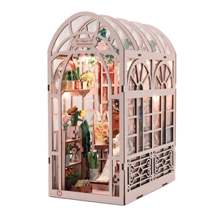 Estudio en el jardín. Book Nook de madera, diseño 3D realista con gran detalle, cubierta y luces led.