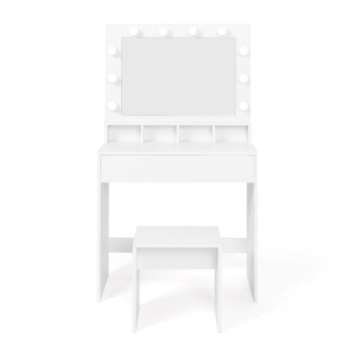 Coiffeuse Zita blanche avec miroir LED, niches, 1 tiroir et tabouret