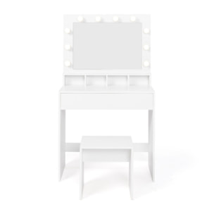 Coiffeuse Zita blanche avec miroir LED, niches, 1 tiroir et tabouret
