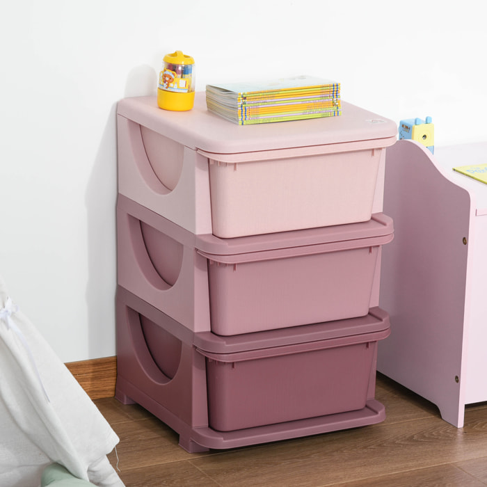 Organisateur de jouets enfant 3 tiroirs - boîtes de rangement plastique - PP rose