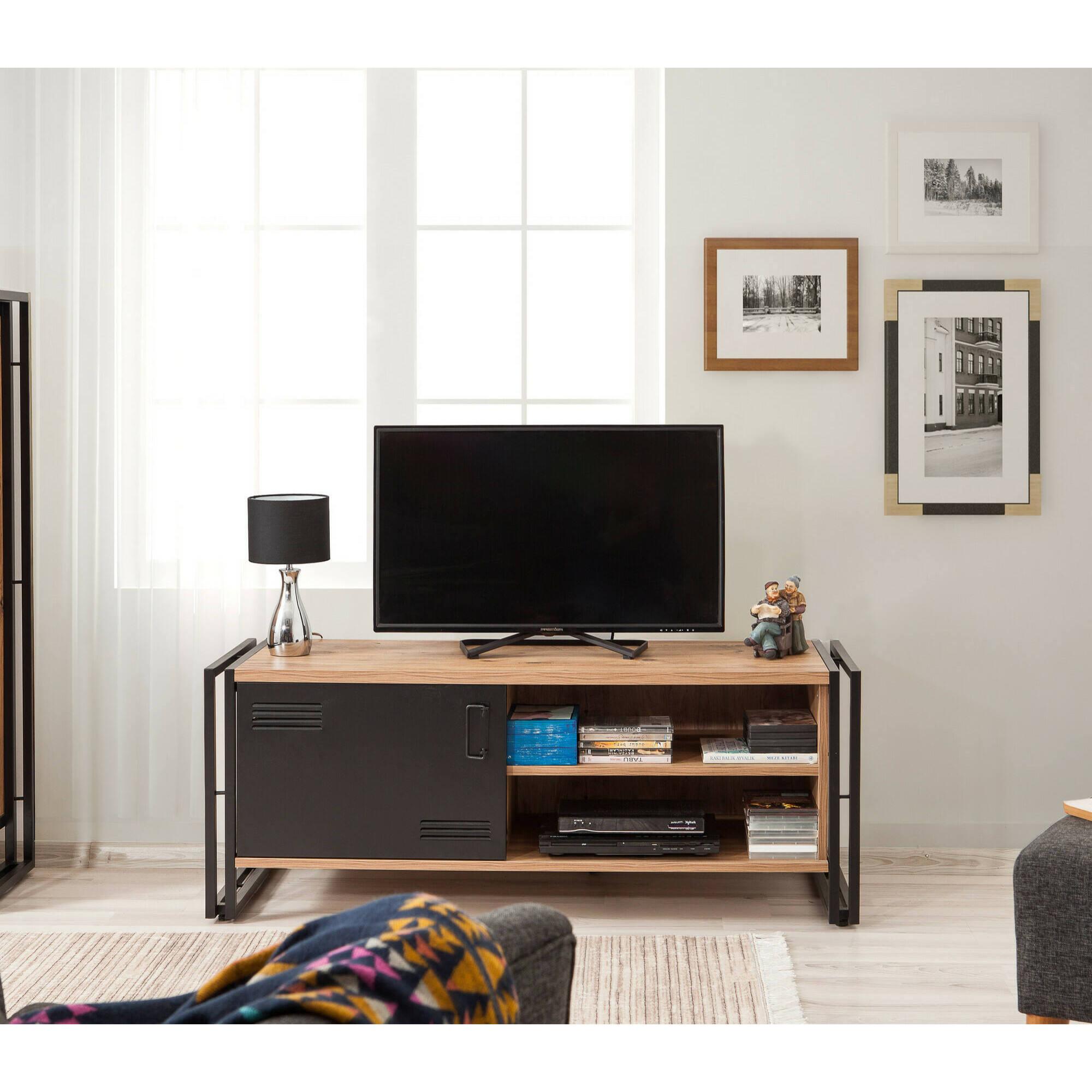 Mobile porta TV Dperott, Credenza da soggiorno, Armadio basso per TV, Base parete attrezzata, 130x45h50 cm, Quercia e Nero