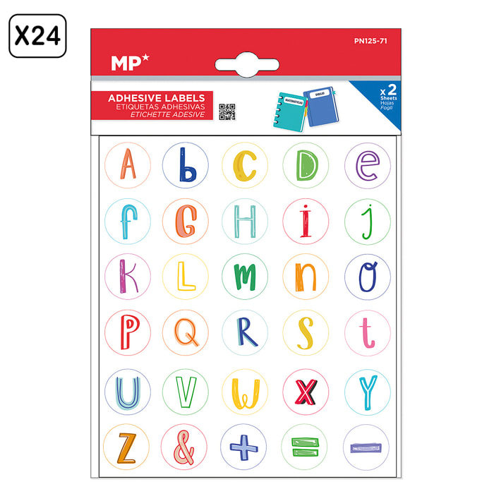 PACK 24 UNITA' ETICHETTE ADESIVE PERSONALIZZABILI DECORATE DESIGN ALFABETICO E SIMBOLI