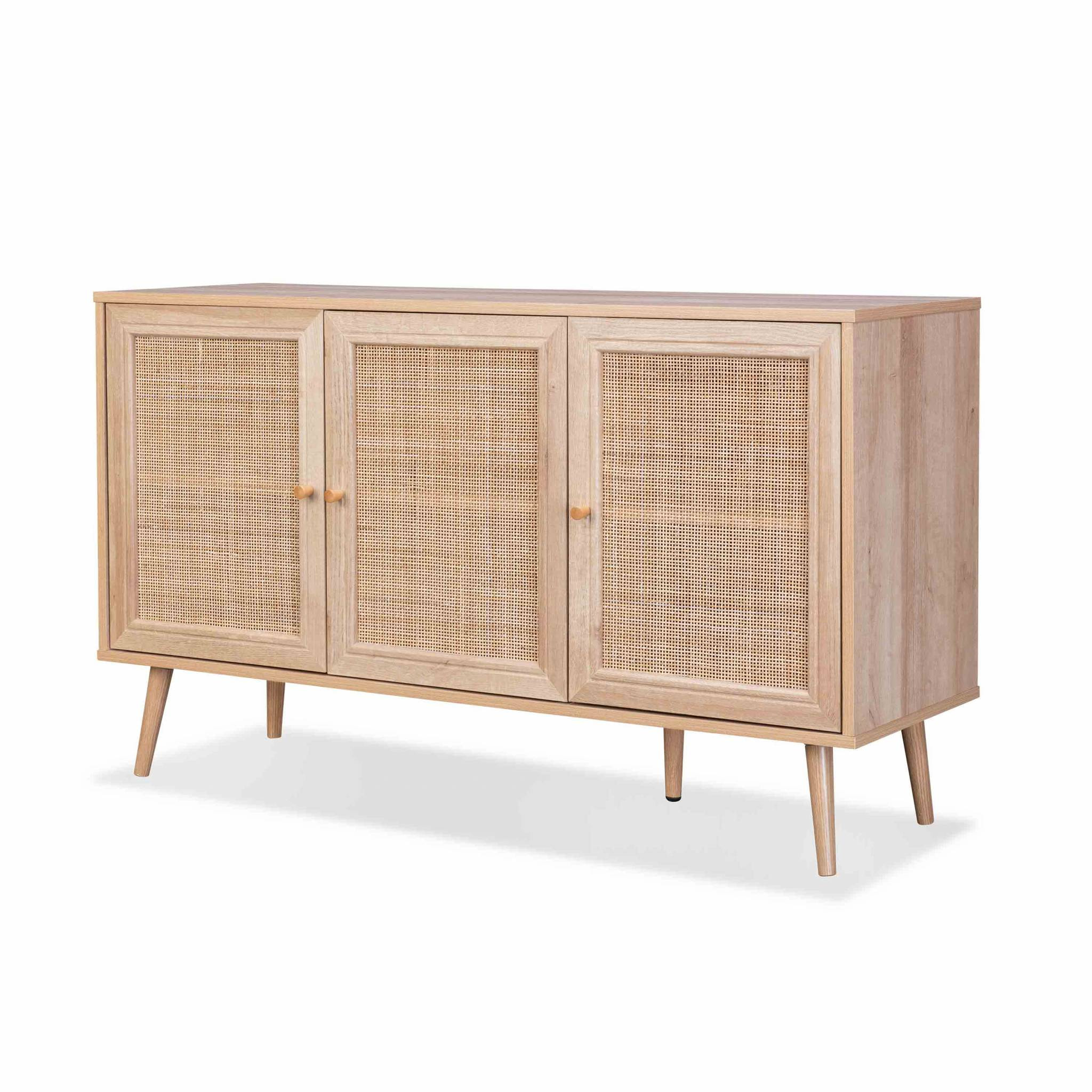 Buffet de rangement en cannage 120x39x70cm  - Bohème - 2 niveaux. 3 portes. pieds scandinaves. buffet bas