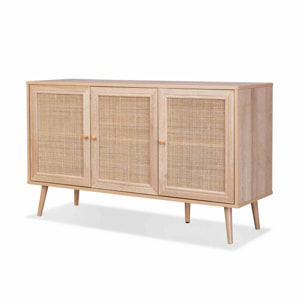 Buffet de rangement en cannage 120x39x70cm  - Bohème - 2 niveaux. 3 portes. pieds scandinaves. buffet bas