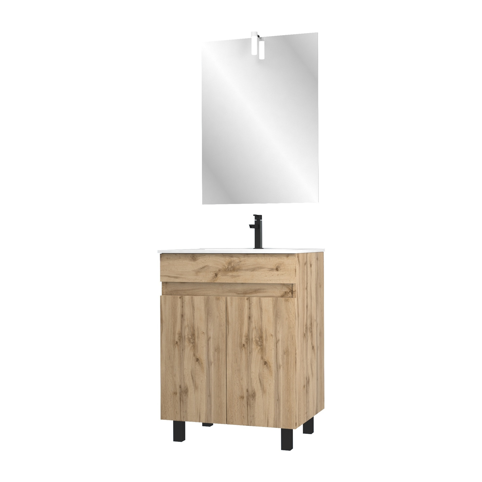 Pack Meuble SDB 60cm sur pieds 2 portes Chene_Vasque blanche + Miroir Led - TIMBER 60_Pack21