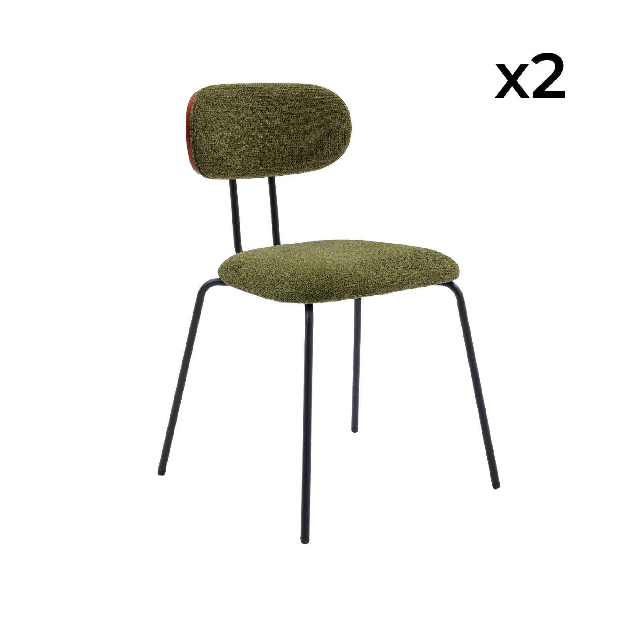 2 chaises décor bois courbé teinté noyer et tissu déperlant kaki. pieds métal noir mat - L 45 x P 55 x H 80cm - Erin