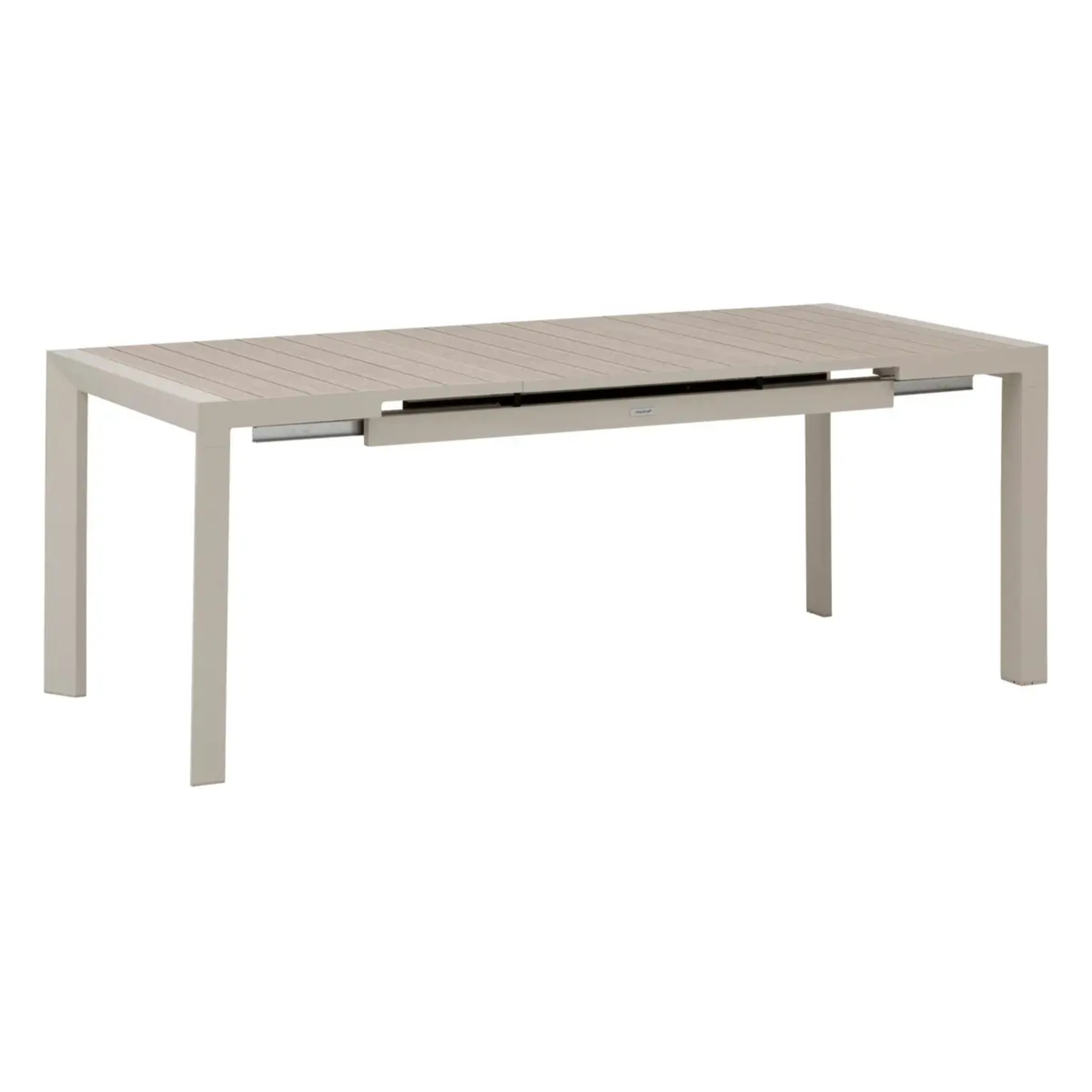 Table de jardin extensible "Évasion" effet bois lin & argile 8 places lates en aluminium