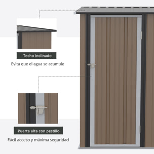 Caseta de Jardín 1,07 m² 142x84x189 cm Cobertizo Exterior Metálico con Puerta Cerradura y Orificios de Drenaje para Almacenamiento de Herramientas Marrón