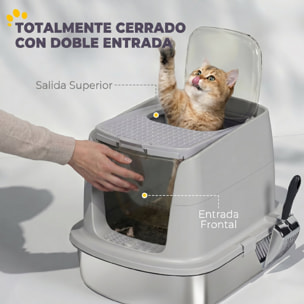 Arenero para Gatos de Acero Inoxidable L, Caja de Arena para Gatos con Tapa Abatible, Pala Metálica, Bolsa Desodorizante, Fácil de Limpiar, Antifugas, Gris Claro