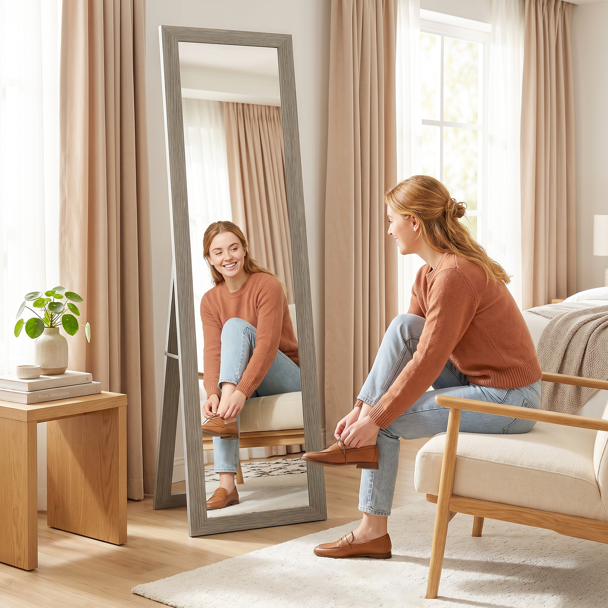 HOMCOM Espejo de Pie Cuerpo Entero 157x37 cm, Espejo de Cuerpo Entero con Soporte, 3 Formas de Uso, Independiente, Montaje Pared y Apoyado, para Salón, Entrada, Dormitorio, Gris