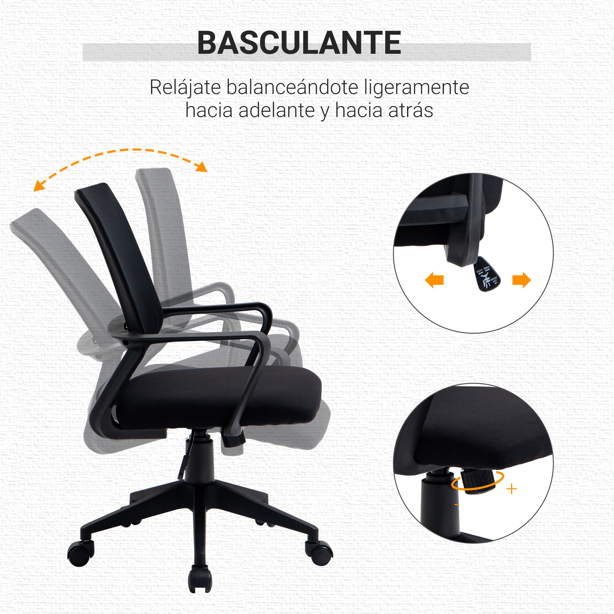 Vinsetto Silla de Oficina Ergonómica Silla de Escritorio Giratoria Ajustable en Altura con Reposabrazos y Soporte Lumbar Tejido Transpirable 61x58,5x89-99 cm Negro