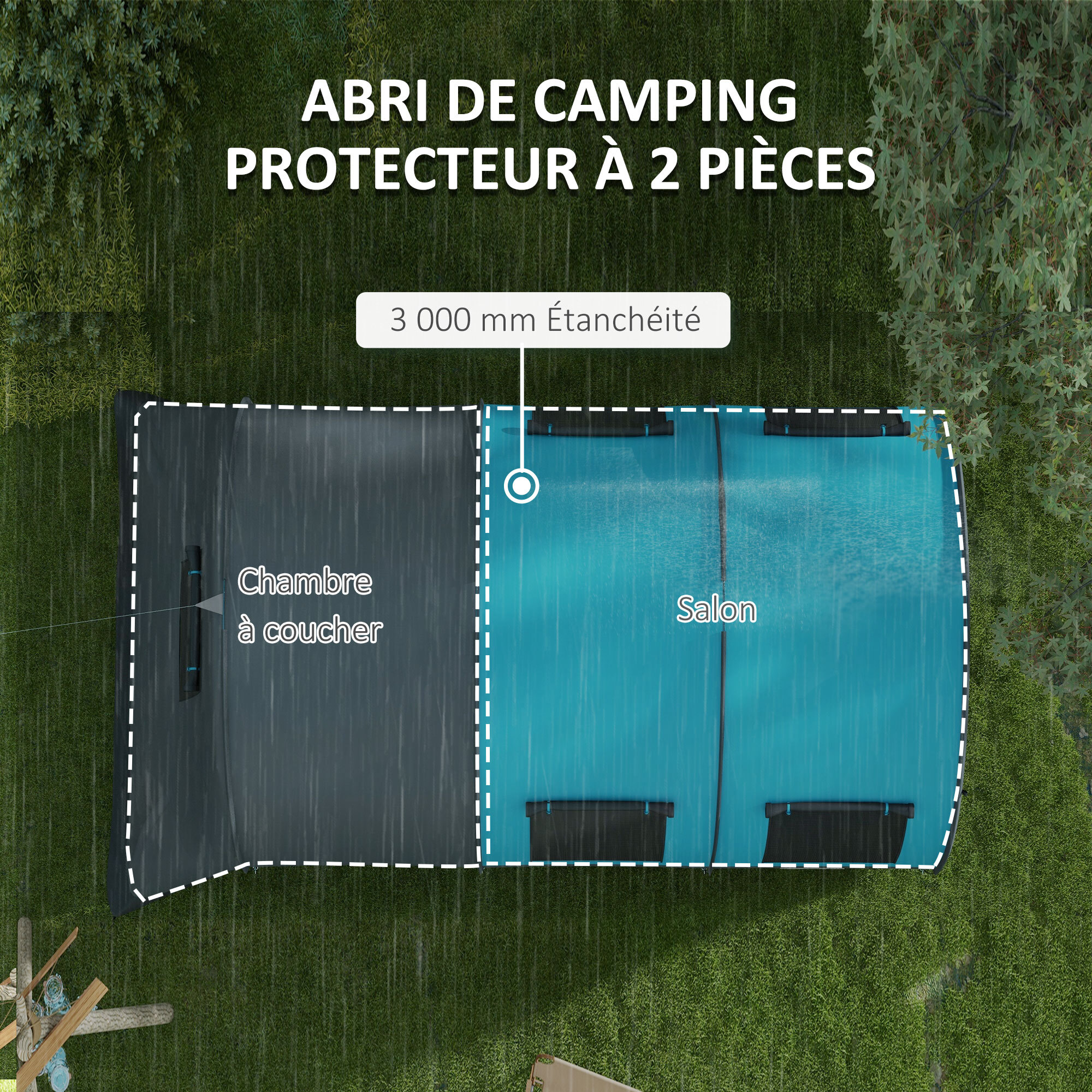 Tente de camping familiale 5-6 pers. étanchéité 3000 mm - 2 portes, sac - bleu gris