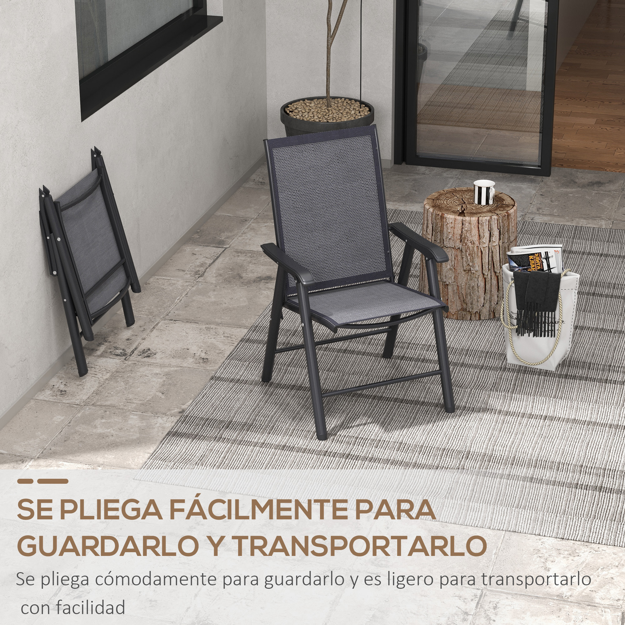 Juego de 2 Sillas de Camping Plegables Sillas Plegables de Jardín Exterior Acolchadas en Malla con Marco de Acero y Reposabrazos Carga 110 kg para Terraza Playa 58x64x94 cm Gris Oscuro