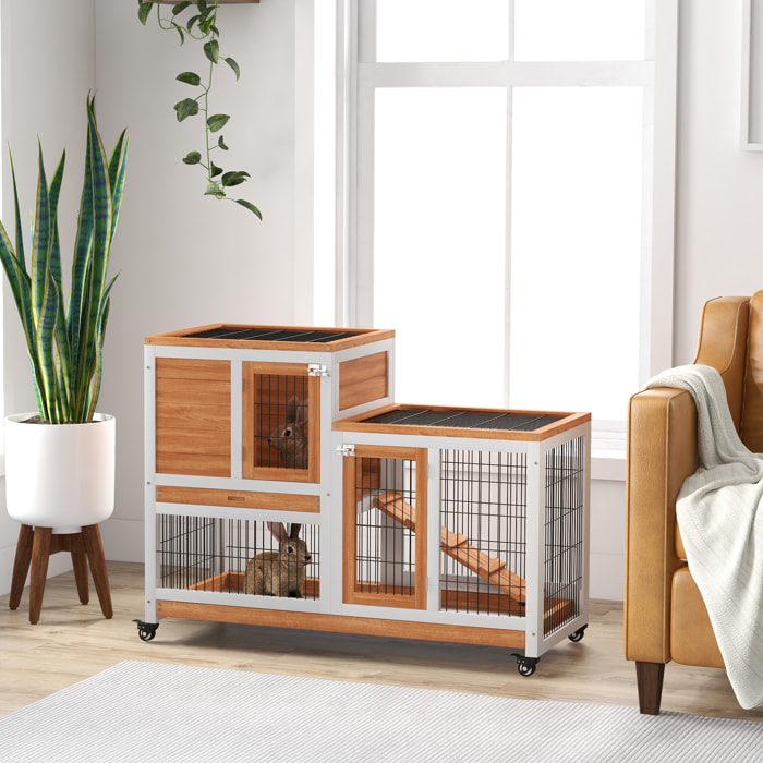 Conejera de Madera de 2 Niveles Jaula para Conejos con Ruedas Puertas Zona Abierta Rampa y 2 Bandejas Extraíbles Conejera para Interior 110x50x88 cm Natural y Blanco