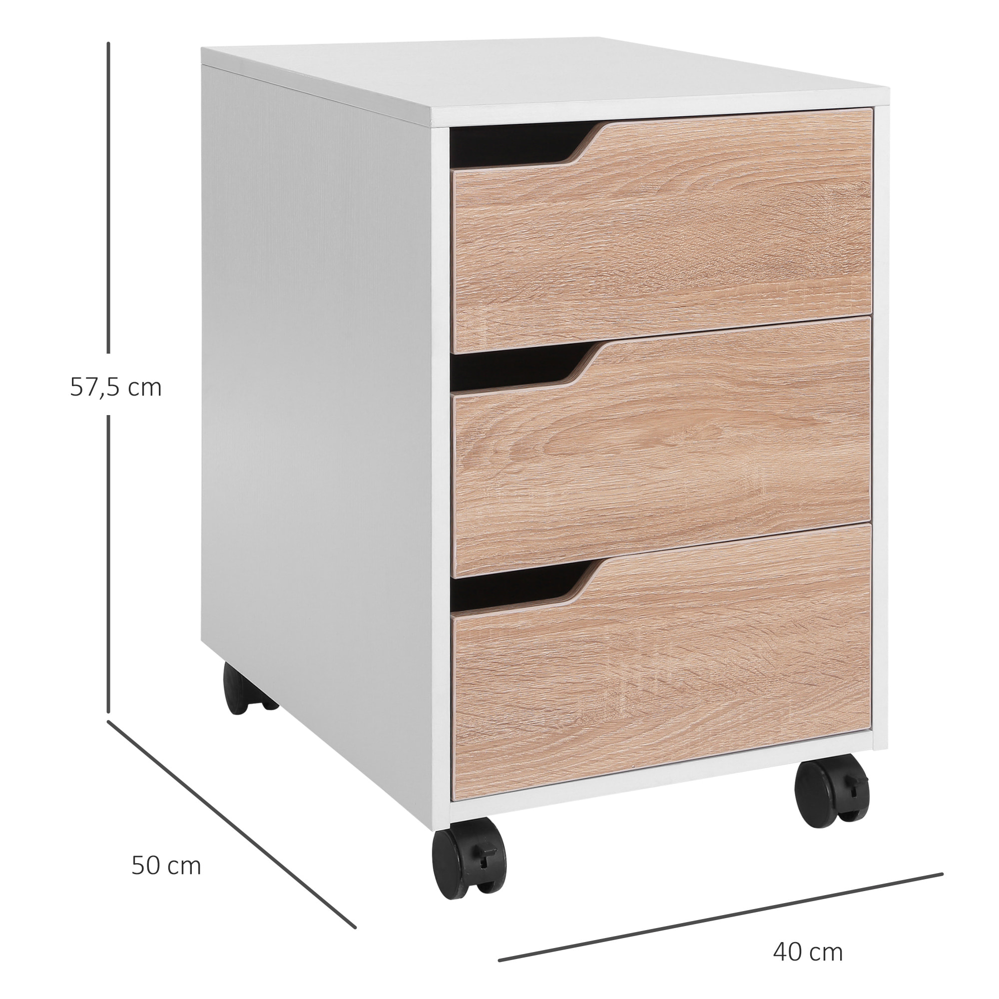 Caisson bureau mobile avec 3 tiroirs, meuble rangement bureau sur roulettes pour documents et imprimante, 40x50x57,5cm, blanc et aspect bois