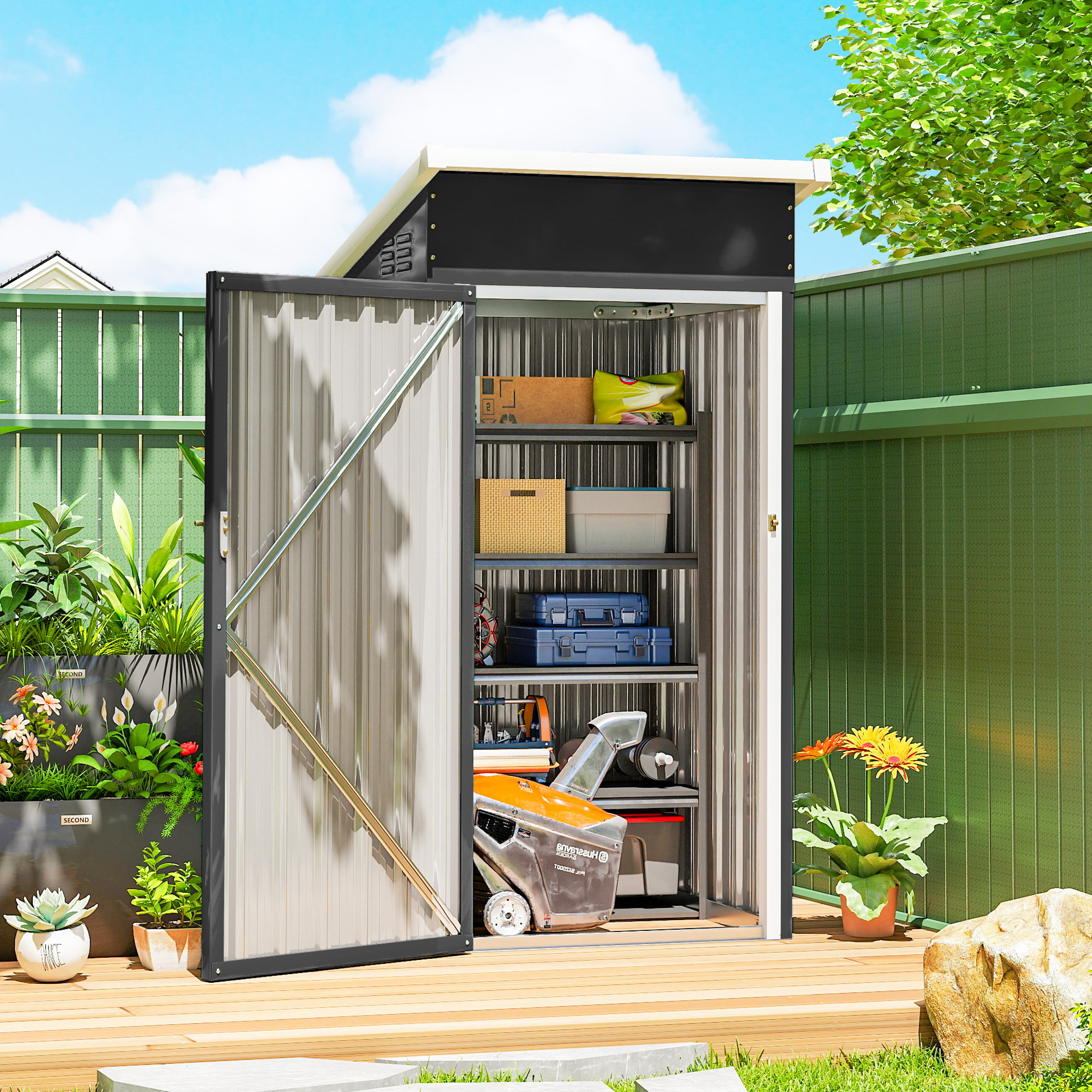 Caseta de Jardín Exterior 0,74 m², 107,5x91x185 cm, Cobertizo de Jardín Exterior Metálico con Techo Inclinado, Puerta con Cerradura y Ventilaciones para Almacenamiento de Herramientas, Gris