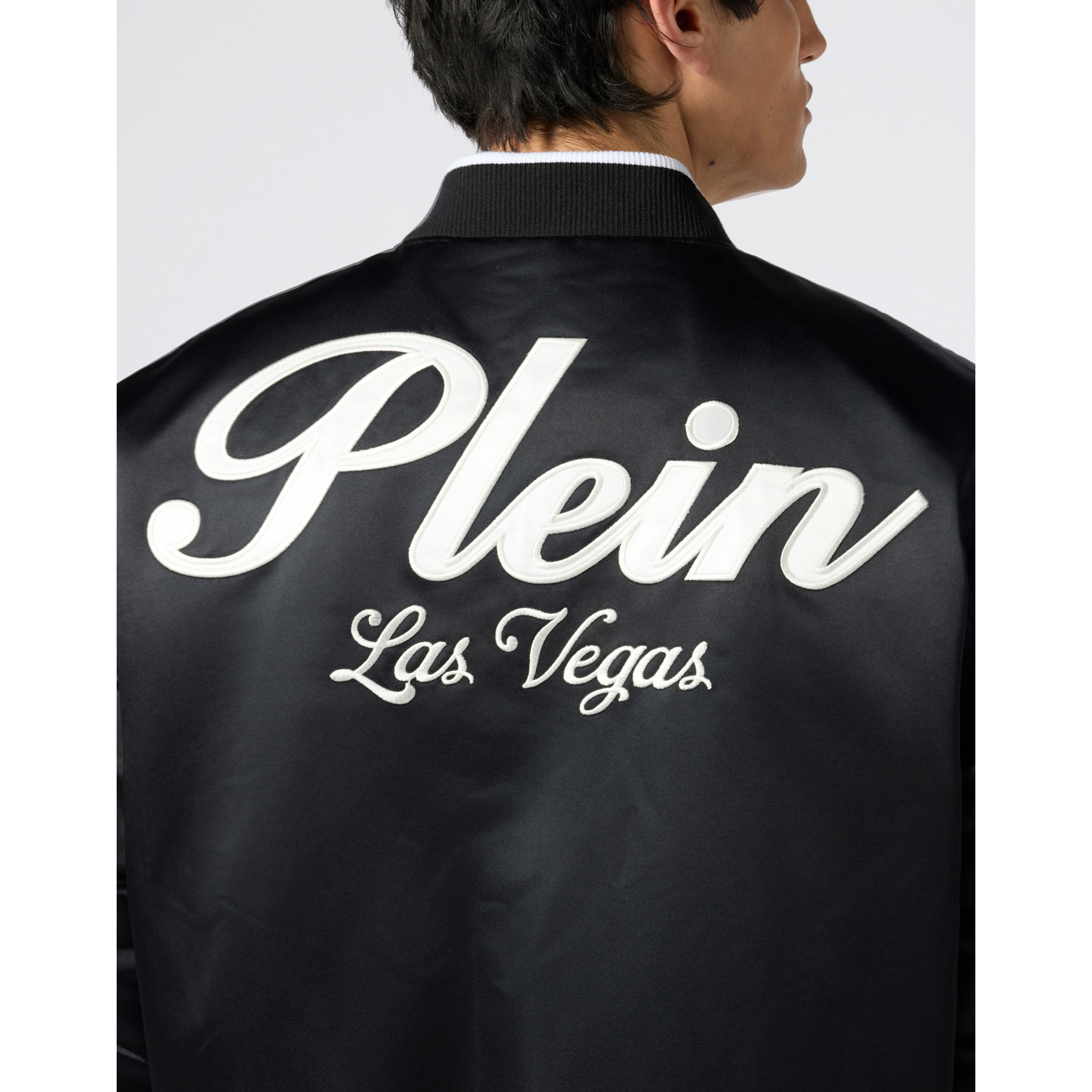 PHILIPP PLEIN Shiny Satin Varsity Bomber Signature Las Vegas