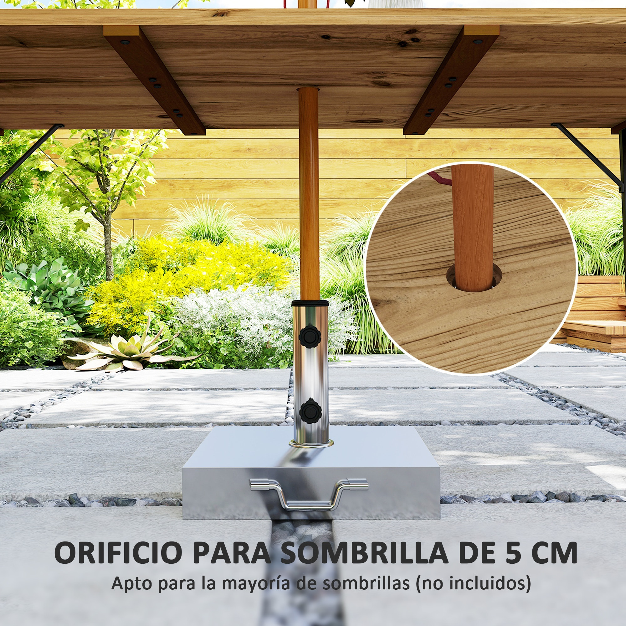 Mesa Comedor de Jardín de Madera Rectangular Mesa de Terraza Exterior 175x80x75 cm con Orificio para Sombrilla Estructura de Acero y Encimera de Listones para Patio Balcón Natural