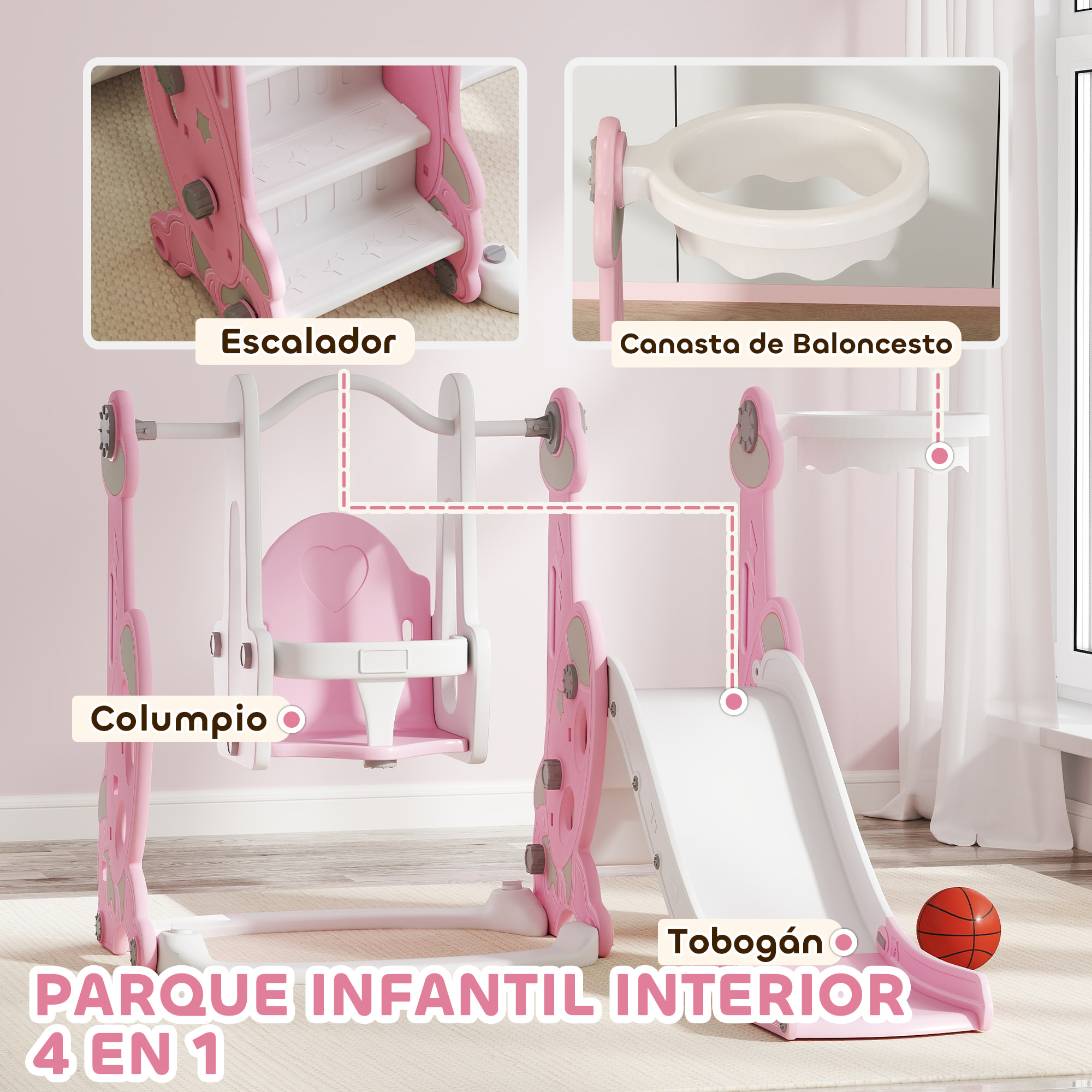 Tobogán Infantil 4 en 1 Parque Infantil con Columpio y Tobogán Escalador Aro de Baloncesto Temática de Cohete para Interior Rosa y Blanco