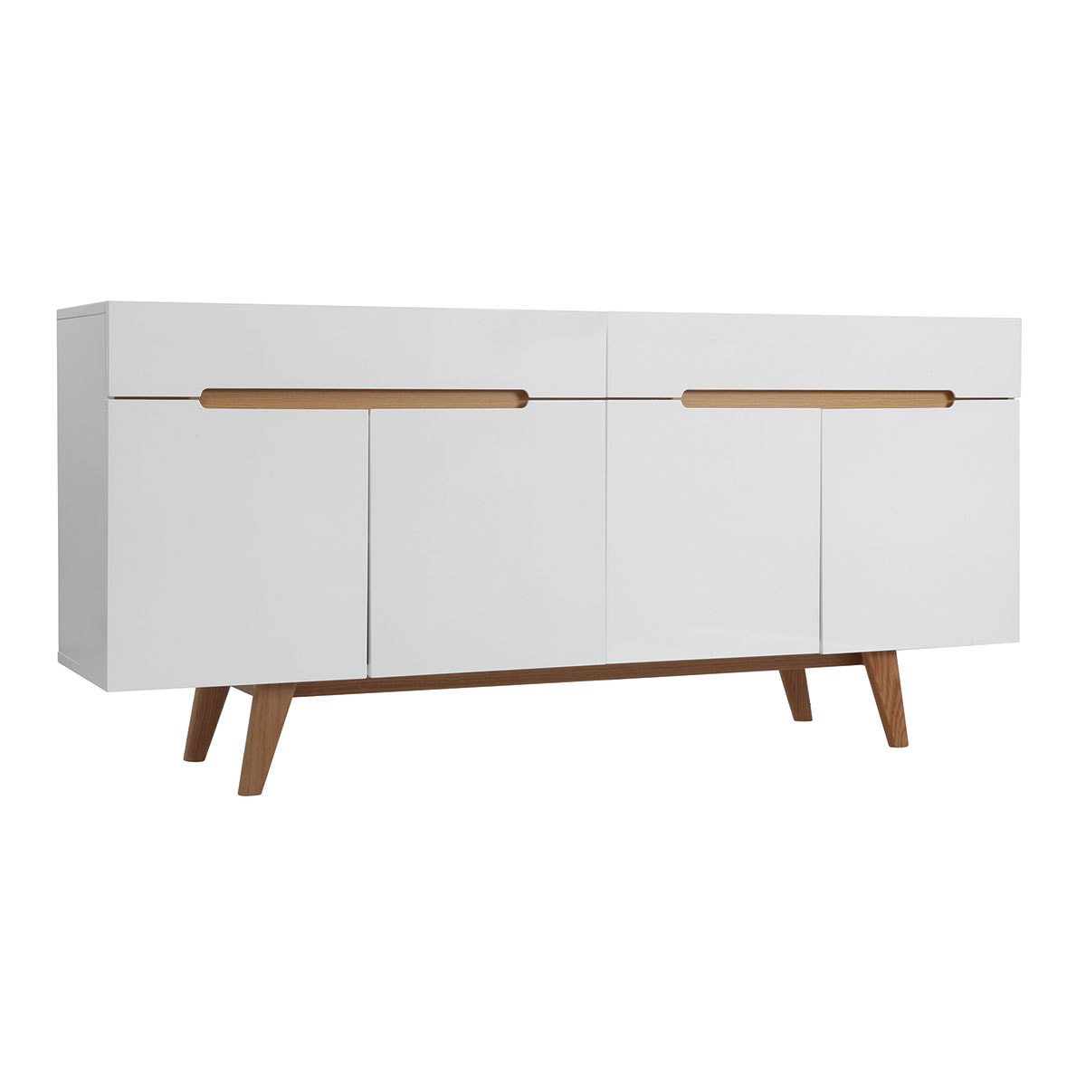 Buffet scandinave blanc brillant et finition bois clair 4 portes 2 tiroirs L180 cm MELKA