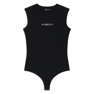 Body senza maniche in jersey stretch con logo strass