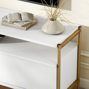 Meuble TV design Art déco 2 portes battantes étagère dim. 124 x 35 x 50 cm acier doré effet bois blanc