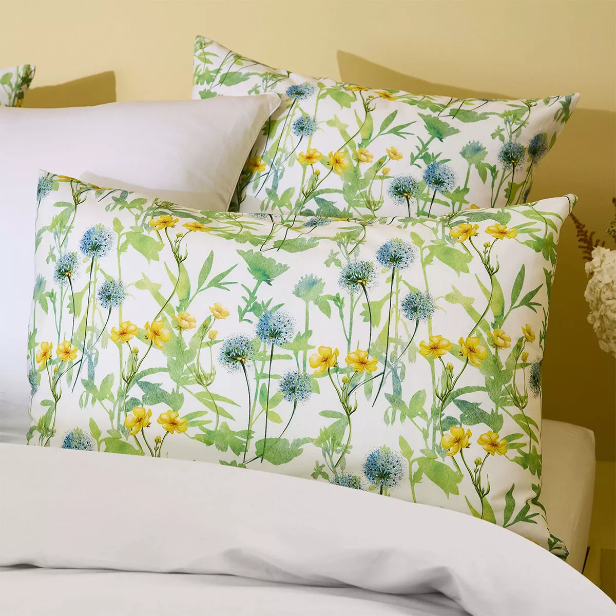 Lot h.couette +taies percale de coton imprimé jaune vert Aube florale prairie