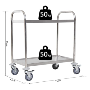 Carrito Auxiliar con Ruedas de Acero Inoxidable Carrito de Cocina con Bandejas y 2 Brazos para Comedor Salón 70,5x40,5x81 cm Plata