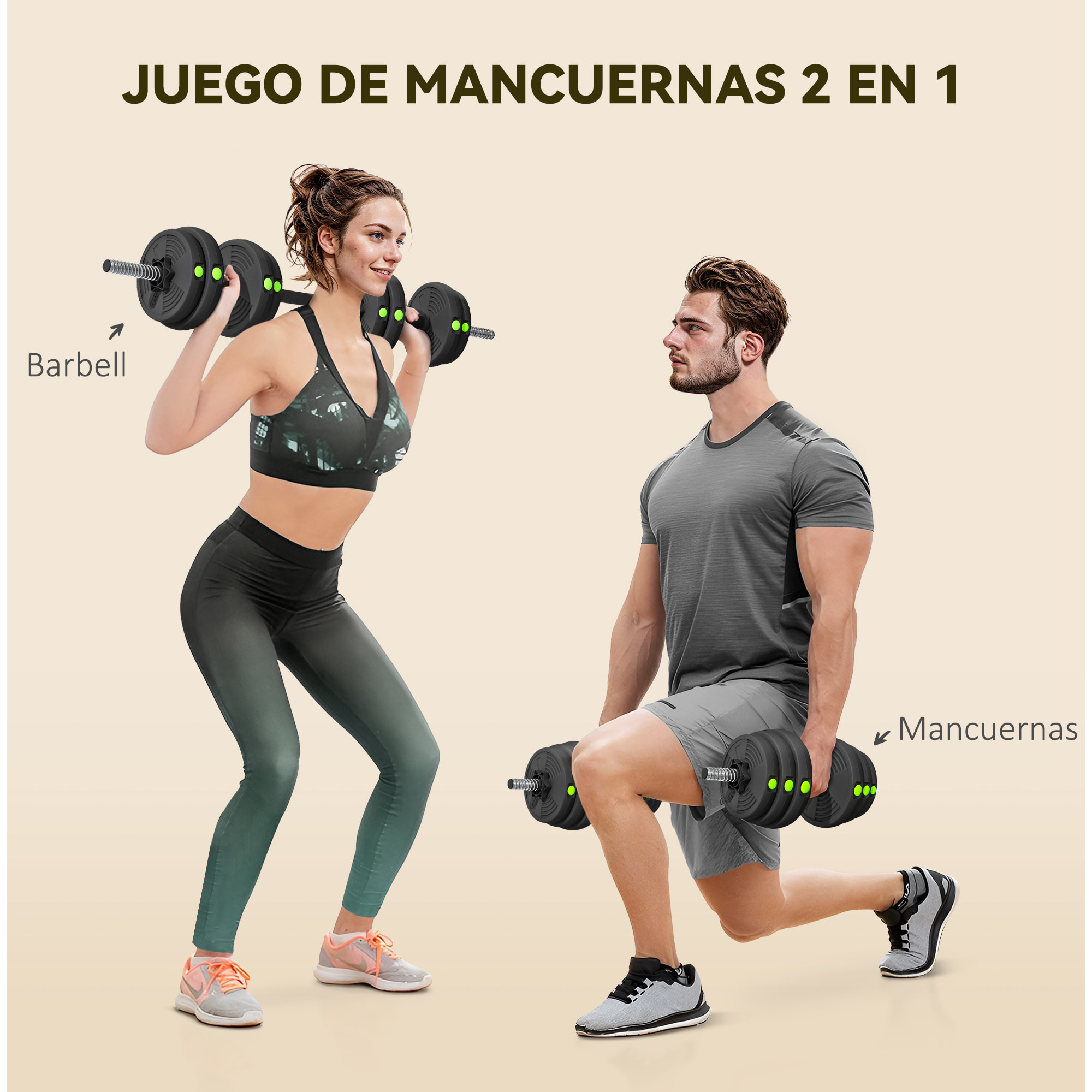 Kit de Mancuernas 30kg 2 en 1 Juego de Pesas con Barra de Pesas Mango Antideslizante Mancuernas Ajustables para Entrenamiento de Fuerza en Hogar Gimnasio Oficina Negro y Verde