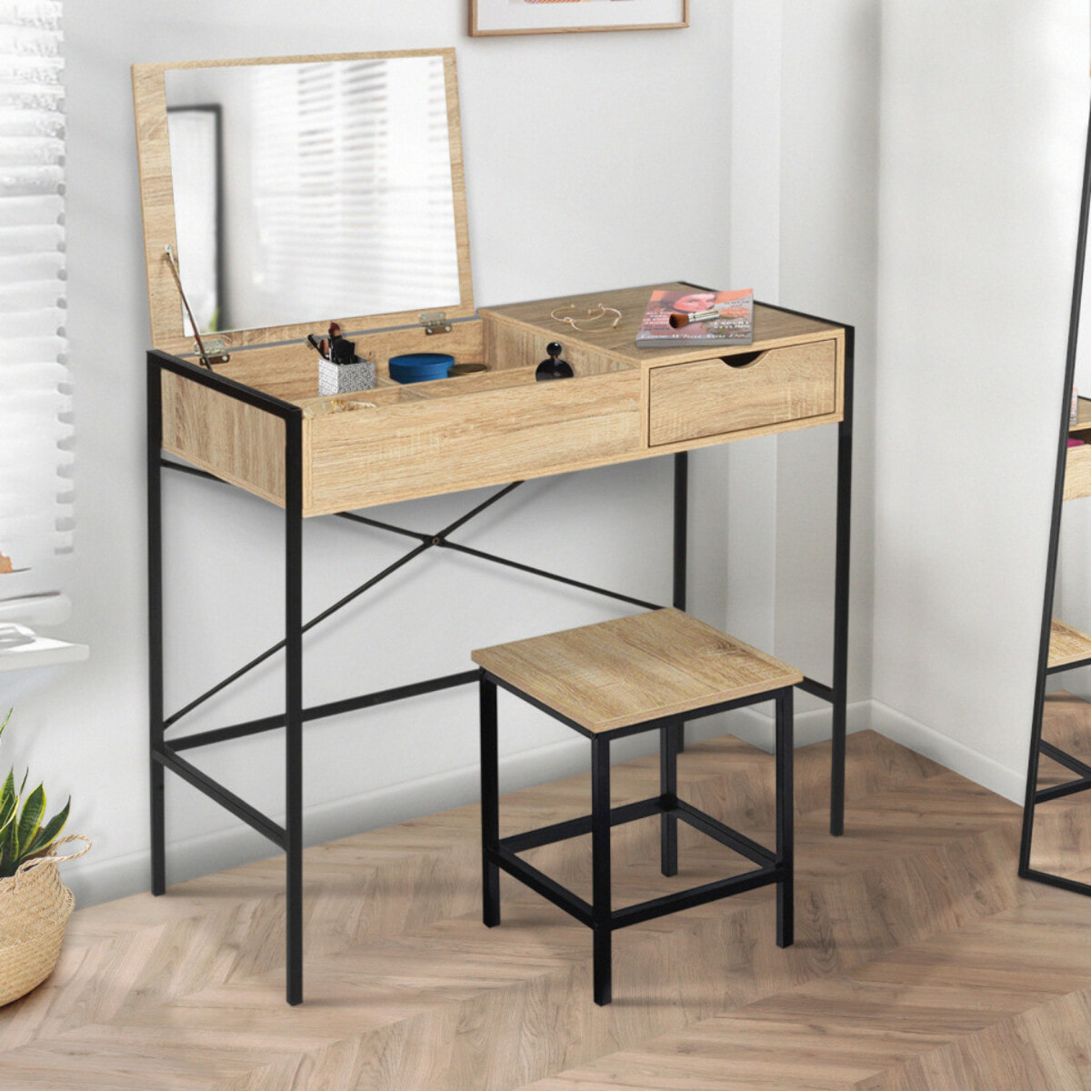 Coiffeuse Alana miroir rabattable avec tabouret - Bois / Noir
