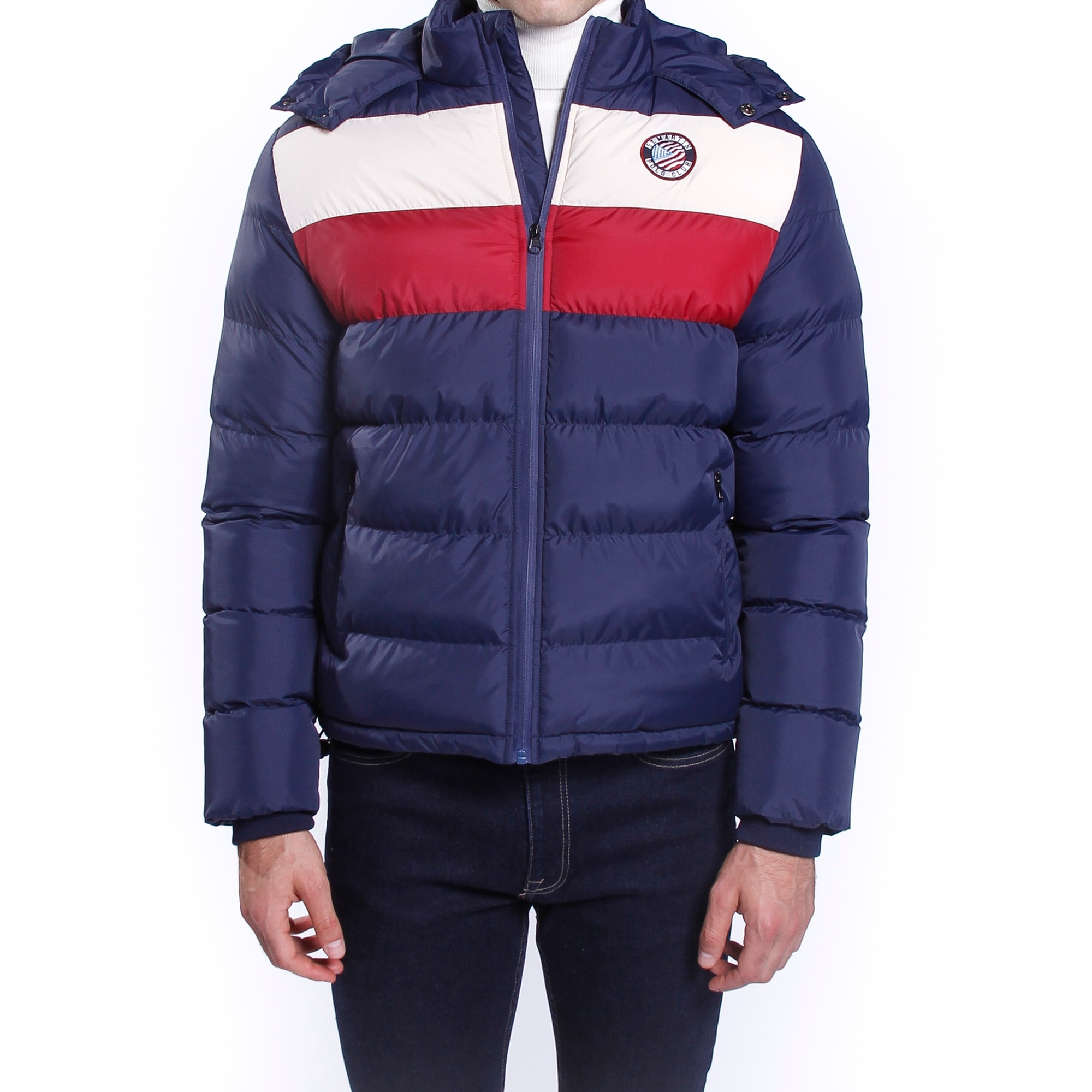 Giubbino nylon con cappuccio e righe colorate