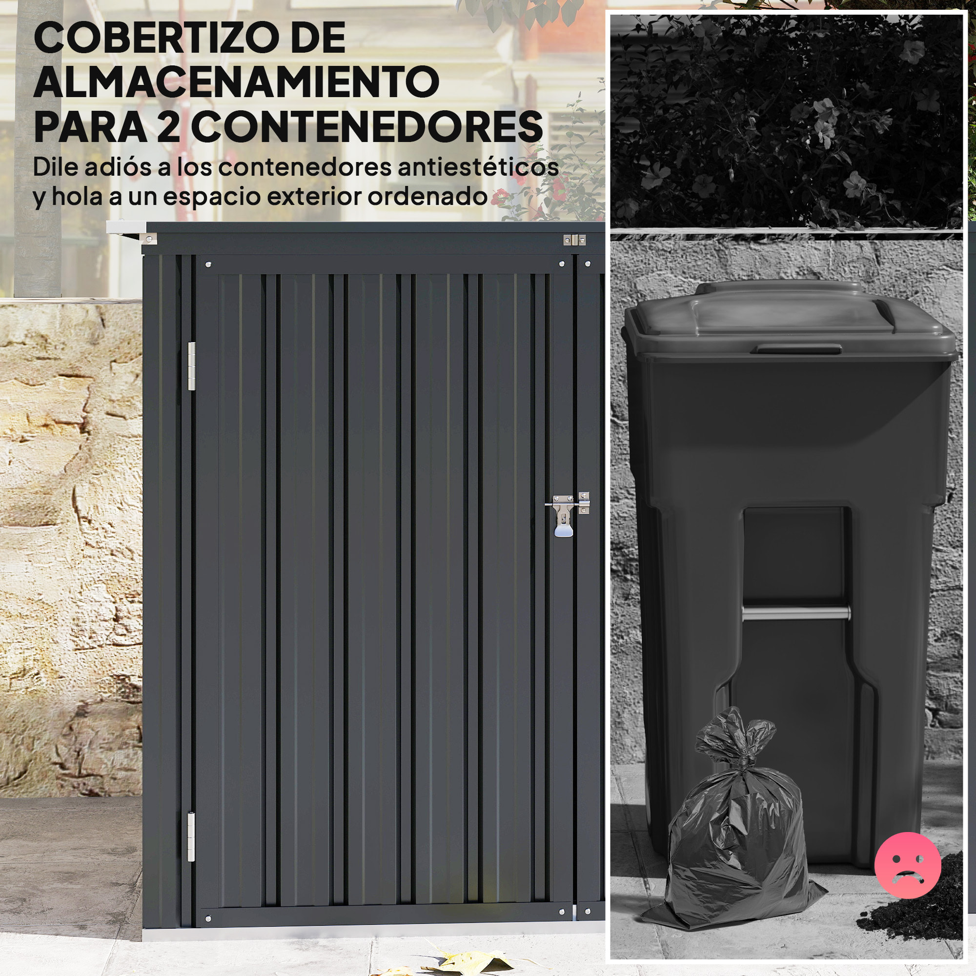 Cobertizo para Contenedor de Basura Doble, Caseta para Cubo de Basura de 240L de Acero Galvanizado con Tapa Abatible y Puertas con Cerradura, para Jardín, Exterior, 150x80x117 cm, Gris Oscuro