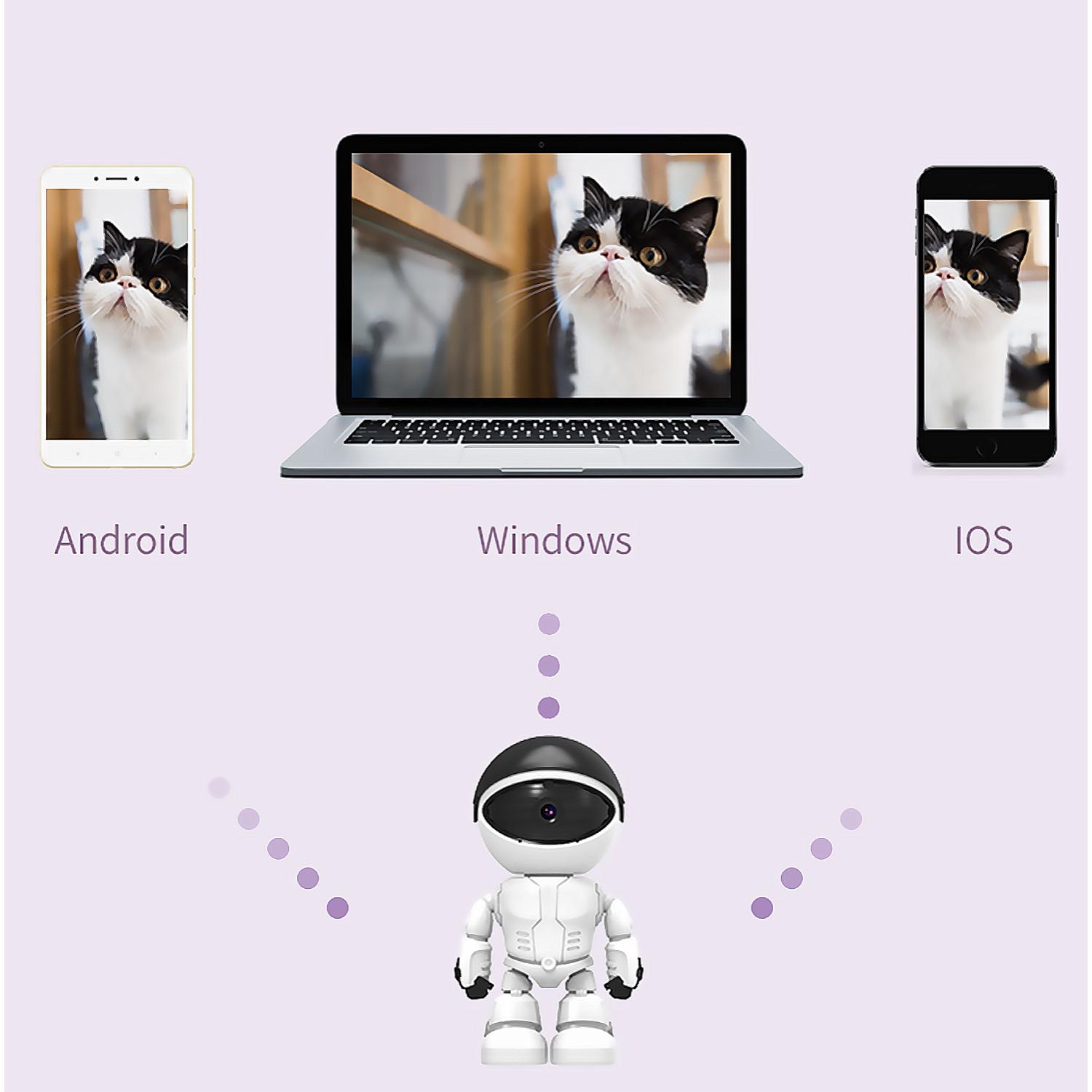 Telecamera IP wifi per sorveglianza con movimento orizzontale e verticale, design robotico. Visione notturna. Comunicazione a 2 vie.