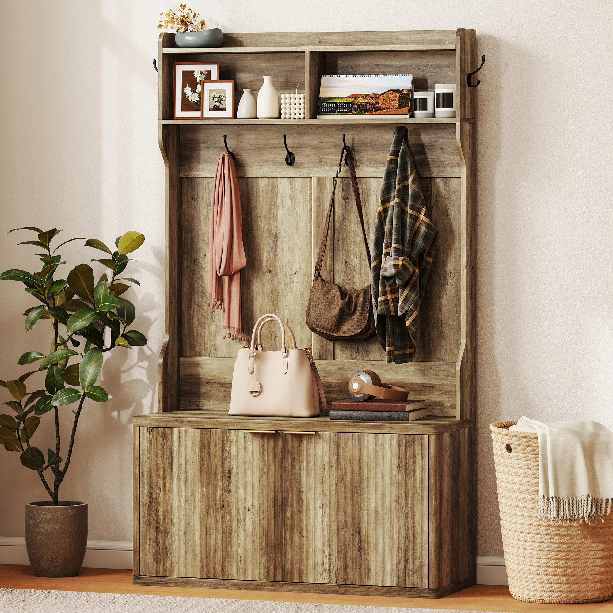 Perchero Zapatero, Perchero Recibidor con 2 Puertas, Estantes Abiertos, 6 Ganchos, para Pasillo, Dormitorio, Salón, Estilo Moderno, 100x38x172 cm, Roble